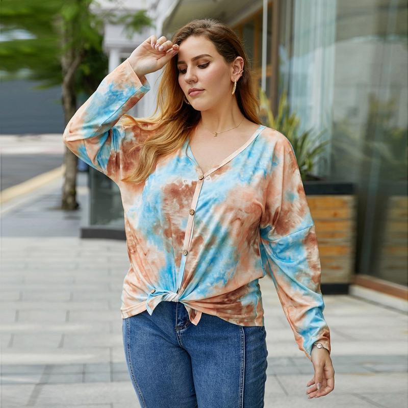 

4xl Plus Size Fashion Cotton tie-dye Zip-up Womens Clothing 2020 Autumn New Original Casual V-neck Women's Clothing Large Sizes, Orange