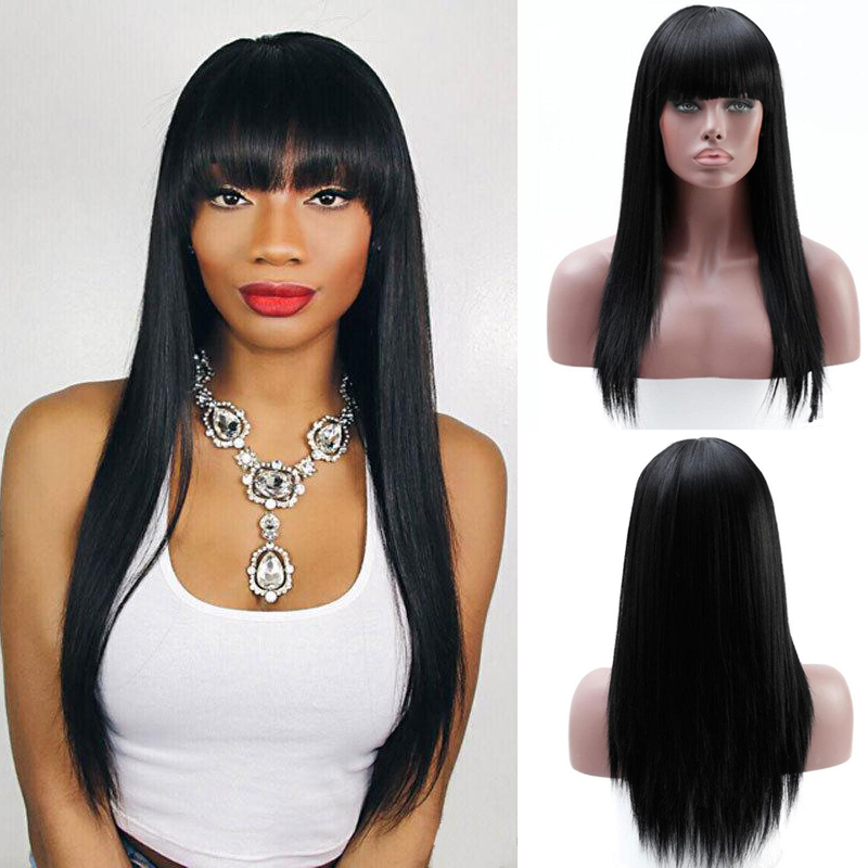 

Natural black high quality cheap silk long straight hair wig black soft celebrity simulation hair with bangs full straight hair in stock, Medium brown