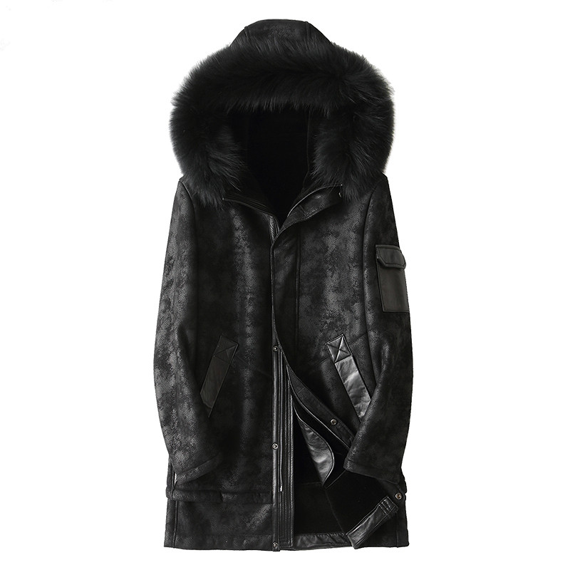 

Winter Genuine Leather Jacket Men Sheepskin Coat Hooded Wool Liner Raccoon Fur Collar Chaqueta Cuero Hombre1807 KJ1400, Black