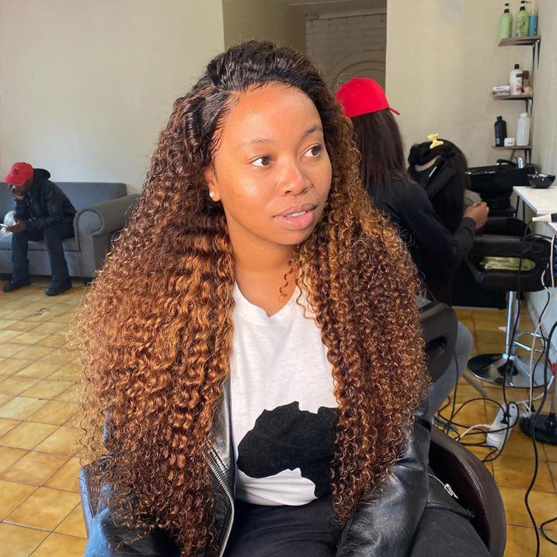 

150% density 13x4 Ombre Kinky Curly Wig Lace Front Human Hair Wigs For Women Color 1B/27 Remy Brazilian Hair Wigs Slove Rosa, As pic