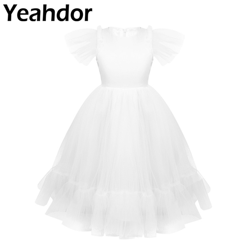

Pageant Wedding Satin White Flower Girls Dress Kids Girl High-waisted Mid Calf Ruffled Mesh Flutter Sleeves Princess Party Dress, Orange pink