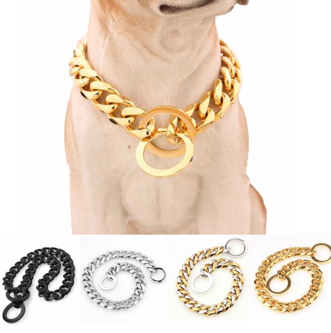 

15mm 316L Stainless Steel Gold Plated Dog Collars Cuban Link Chain Puppy Necklace Pet Dog Accessories Supplies