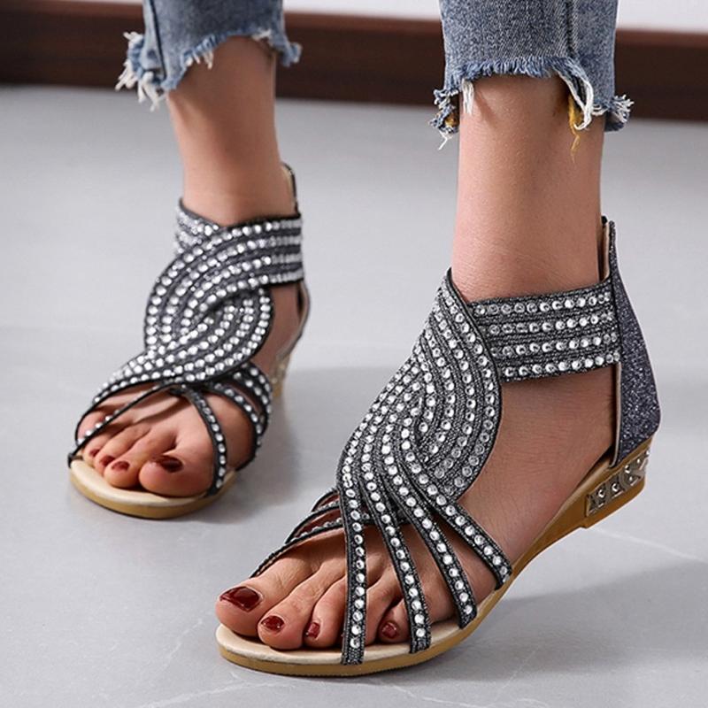 

Summer Women Wedges Shoes Ladies Open Toe Breathable Sandals Zipper Casual Rhinestones Shoes Women Beach Flat Sandals #g3, Beige