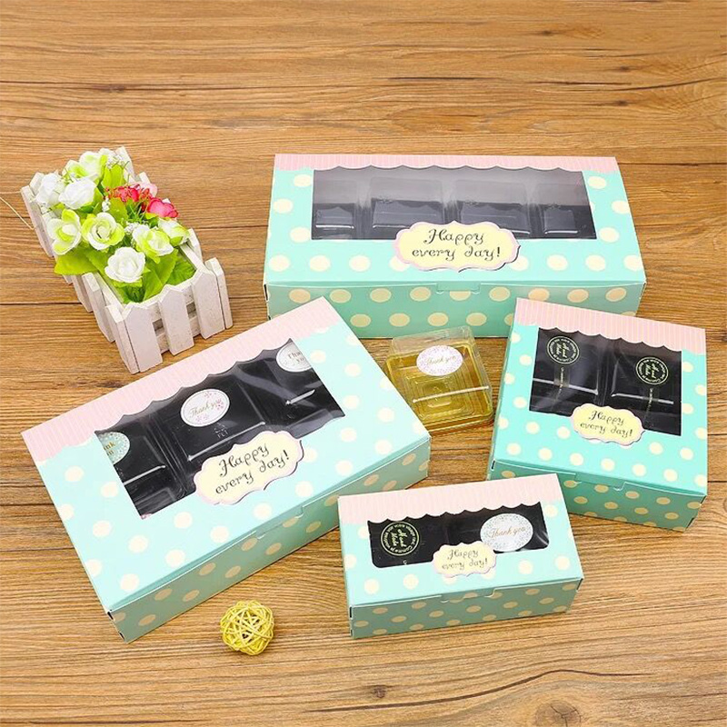 

Paper Gift Box With Window Wedding Party Kraft Paper Box white dots Cake Packaging blue Candy Cookies Cupcake