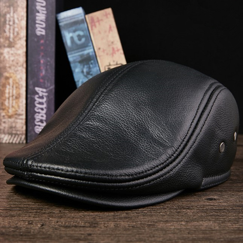 

SILOQIN men earmuffs hats natural cowhide leather hat men's genuine leather berets fashion brand caps winter warm cap, Color-4