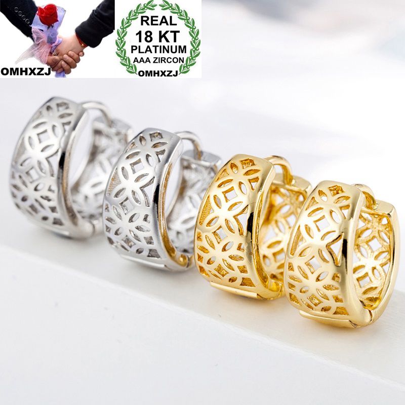 

OMHXZJ Wholesale Personality Fashion Woman Girl Party White Gold Flower Hollowed Out 18KT Gold White Hoop Earrings YE429