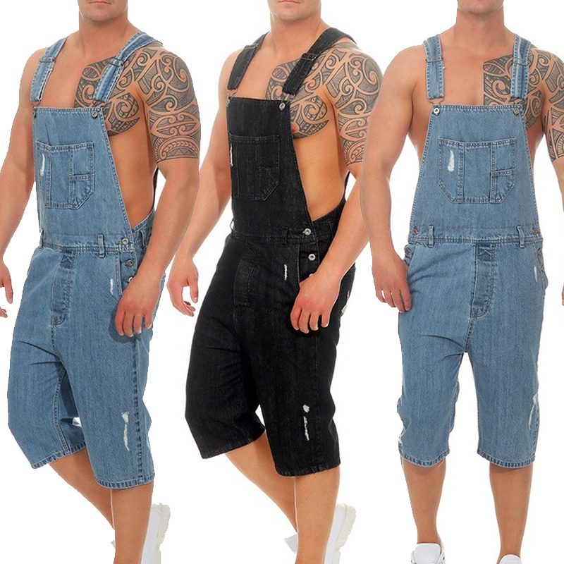 

Ripped Jeans for Men New Fashion Jumpsuits Shorts Summer Distressed Denim Bib Pants Overalls For Man Suspender Clothes, Blue