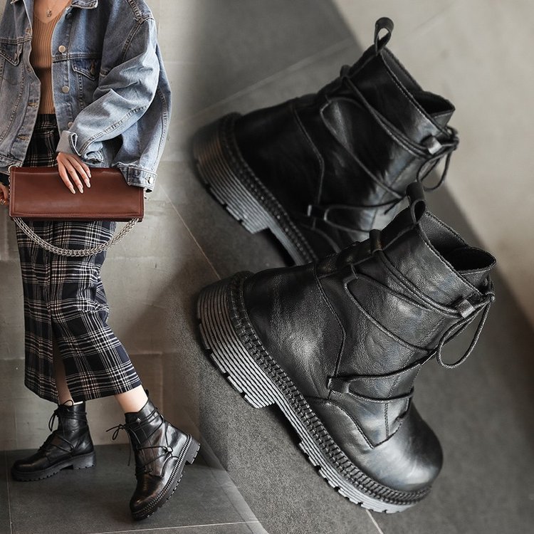 

Round Toe Neutral Mid Calf Boots for Women PU Cross-tied Lace-Up Autumn Boots Med Square Heel Winter Ladies Shoes Rubber, Black