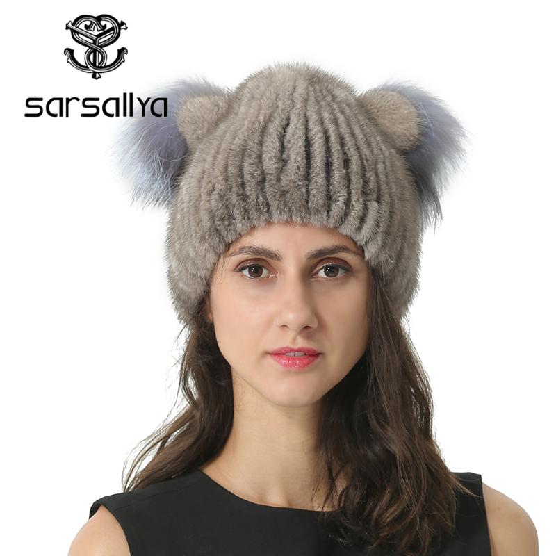 

Beanie/Skull Caps Winter Women Hat With Ears Real Fur Mink Beanies For Ladies Fashion Warm Chapeau Femme 2021 Autumn Knitted Hats, White