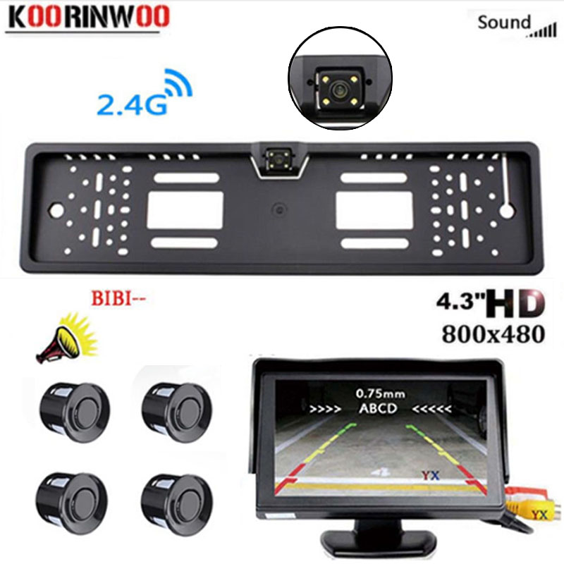 

Koorinwoo HD EU European License Plate Frame Parking Sensors Car Rear View Camera Reverse Backup Camera 4 LED light Car Monitor