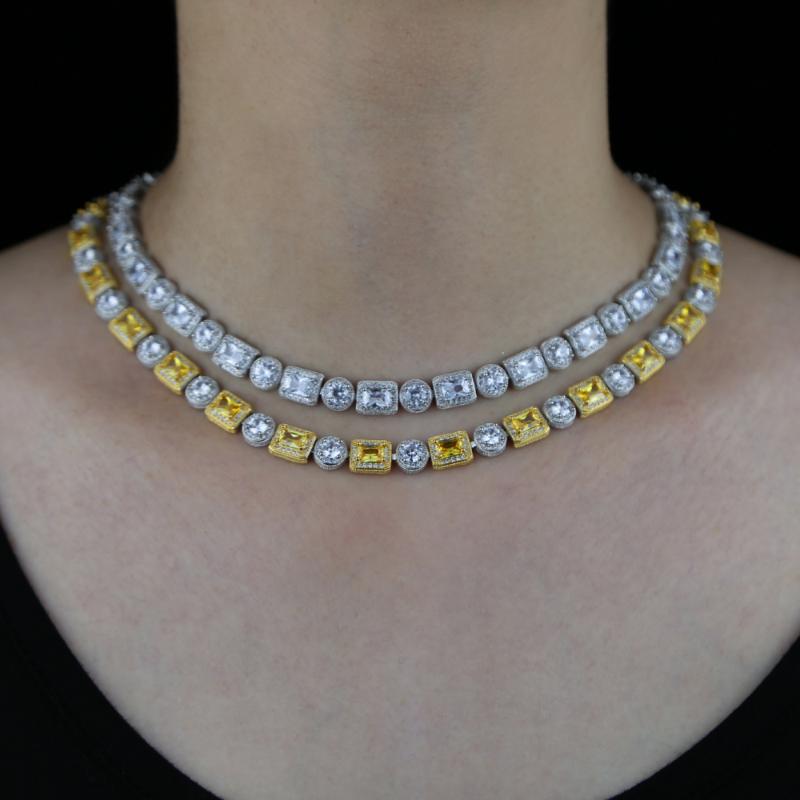 

Hiphop iced out white yellow two tone round rectangle cz tennis chain baguette bling cubic zirconia cluster necklace for women