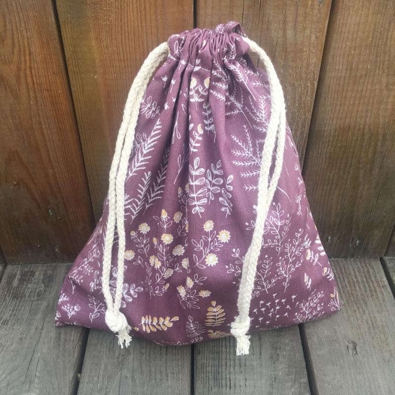 

1pc Cotton Twill Drawstring Pouch Organizer Party Gift Bag Print Rural Grass Flower Wine Red YL9415b