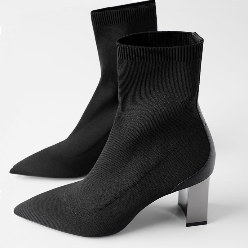 

Knitted plated silver chunky heels sock bottes femme patchwork pointy toe fashion botas mujer high heels knight boots women 2020, Black