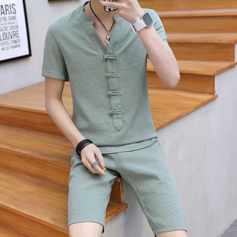 

Summer Clothes Men 2 Pieces Sets VogueShorts And Short-sleeved Buckle T Shirt Men Breathable Slim Fit V Neck Linen Suits, Black
