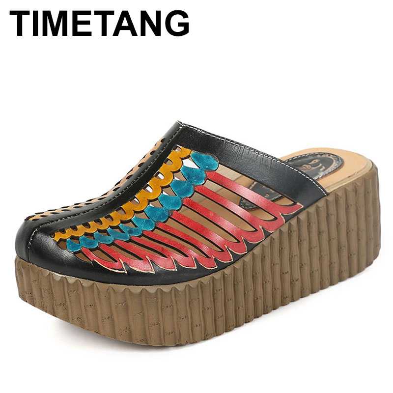 

TIMETANG Summer Shoes Woman Slippers Closed Toes Hollow Out Hand Thick Heels Genuine Leather Women Platform Wedges Slides, Black