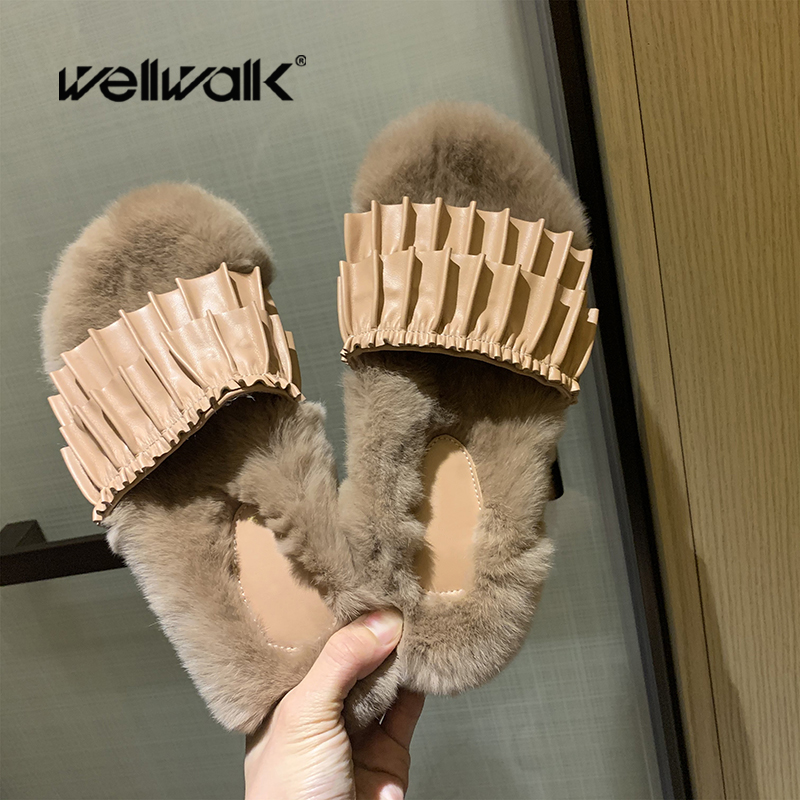

Real Leather Fur Slippers Women's Shoes Slip On Furry Slides Women Fluffy Slippers Home Female Flats Flip Flops Luxury 2020, Blue