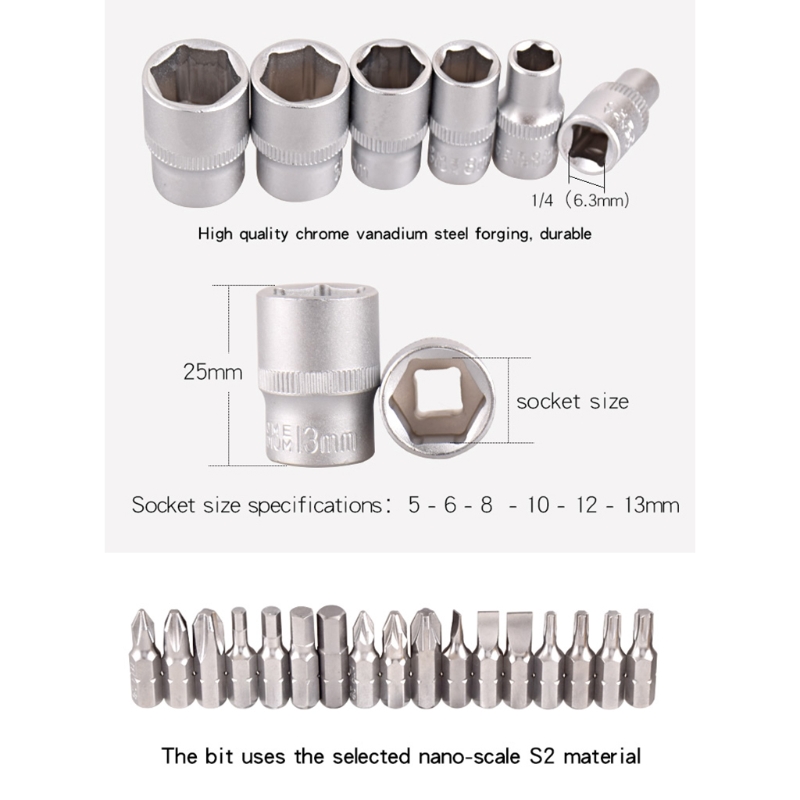 

26pcs Mini Ratchet Wrench Socket Bits 1/4'' Drive Spanner Kit Tools for Bicycle E7CB
