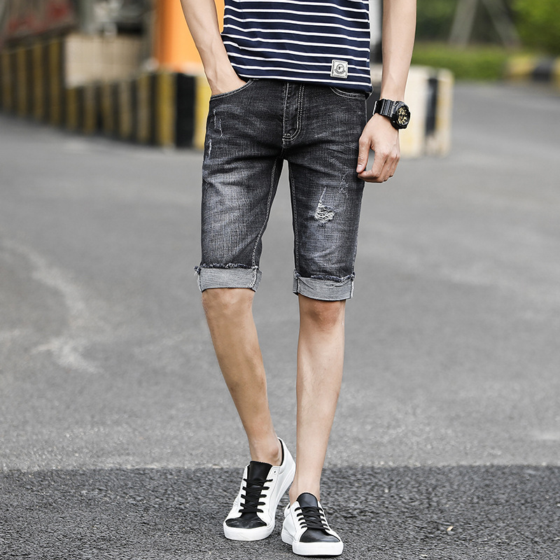 

Good Quality Mens Big hole Cotton Denim Shorts Large Size Male Popular youth Preppy style short jeans Boys shorts Size, Hs520 blue
