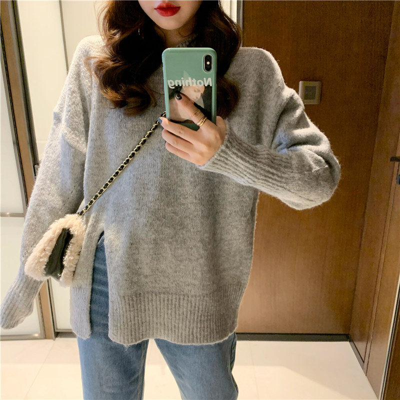 

SINGRAIN Fashion Split Pullovers Sweater Women O Neck Long Sleeve Casual Loose Pull Femme Autumn Winter Korean Chic Warm Jumper, White;black