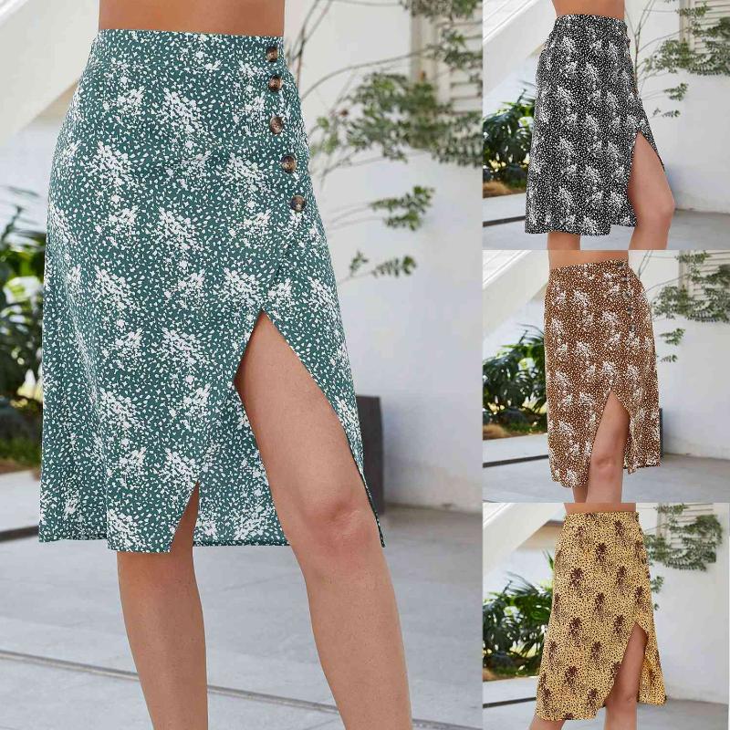 

Summer Split Mid-Length Skirt Ladies Floral Print Casual Fashion Sexy High Fashion Skirt, Black