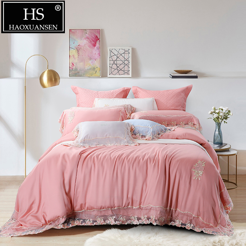 

Luxury 4 Piece 100% Tencel Lyocell Lace Bedding Sets Super Soft Breathable Princess Bed Linen Set  King Size Girl Bed Set, Pink