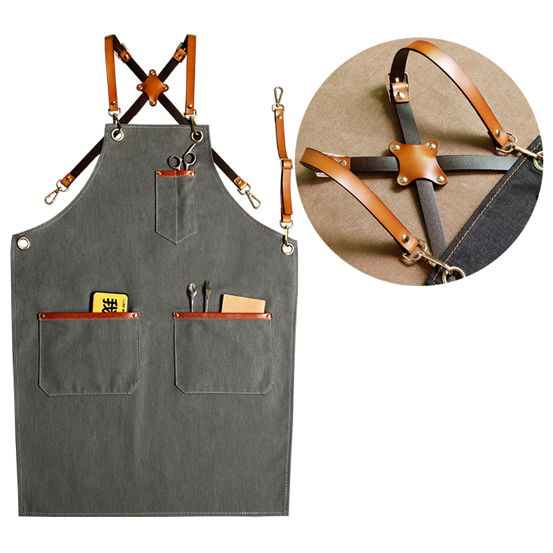 

New Denim Bibs Cowboy Aprons for Women Men Leather BBQ Chef Home Kitchen Dress Barber Hairdress Cafe Cook Waiter logo Pinafore