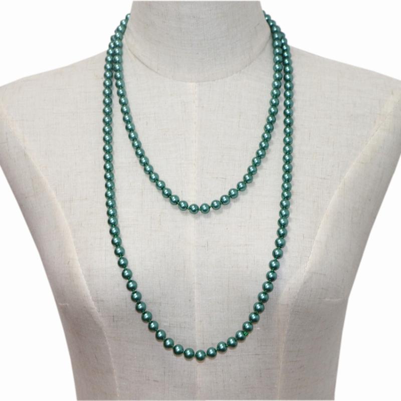 

Peacock Green Simulated Pearl Beads Long Chain Necklace Statement Women Necklaces Round Glass Shell Pearl Gift Jewelry 56" A968