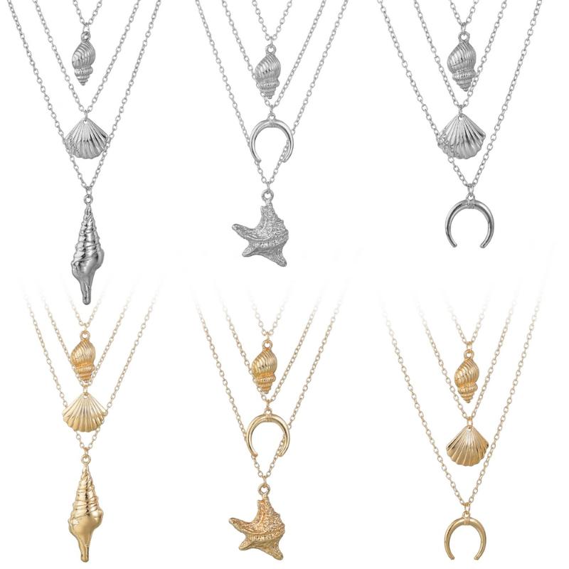 

MissCyCy Vintage Shell Conch Pendant Necklace Bohemian Multilayer Gold Silver Colour Layered Moon Choker Necklace Party Gifts