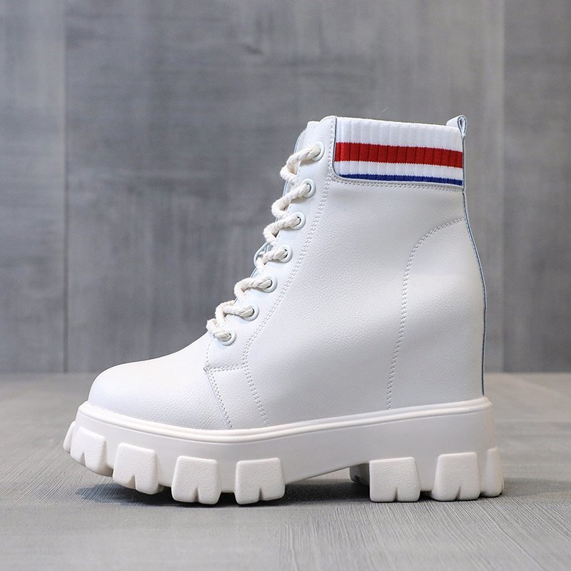

2020 Aumtun Platform Women Ankle Boots Female Non Slip Sneakers Shoe 8CM Wedge Heels Sock Boots Winter Short Woman, White