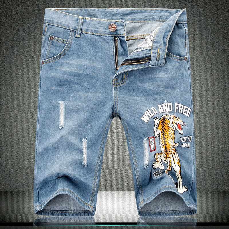 

Shorts New Summer Denim Tiger Print Pattern Men Cotton Solid Straight Male Blue Short Scratched Frayed knee length Jeans 532, 531