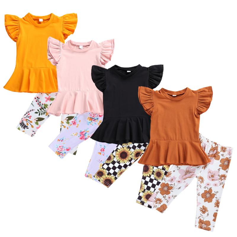 

2020 Summer Baby Girls Clothing Set Children Round Collar Flying Sleeves Solid Color Top+ Floral Print Pants 1-6T Casual Clothes, Black
