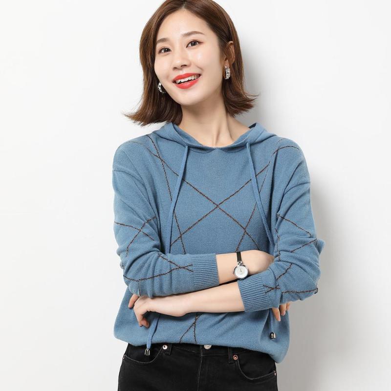 

masigoch fashion 100% merino wool hooded sweater women, Blue