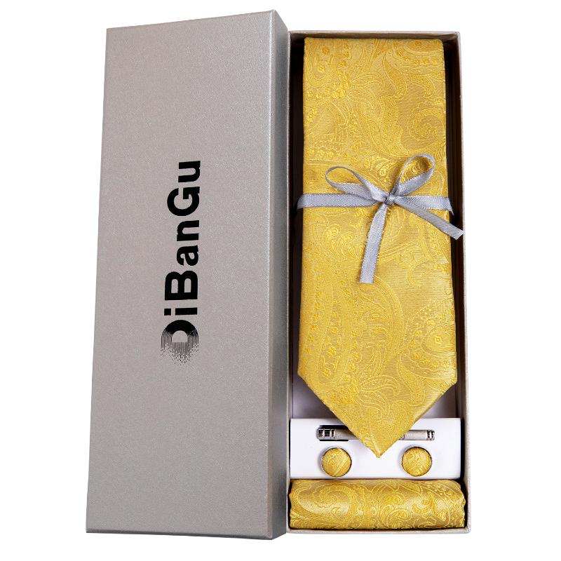 

Bow Ties Luxury 8cm 100% Silk Woven Gold Paisley Floral Classic Men's Tie Bussines Wedding Necktie Pocket Cufflinks Set Mens Gift DiBanGu