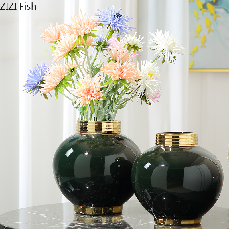 

Luxury Dark Green Phnom Penh Flower Vase Living Room Wine Cabinet Desktop Decoration Crafts Creative Ceramic Round Flower Vase