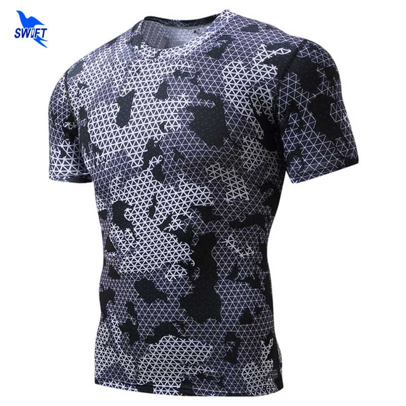 

Fitness Compression Shirt Men Elastic Breathable Running T-Shirt 3D Camouflage Bodybuilding Stretch Short Sleeve Tshirt Top Tees, Gray plaid
