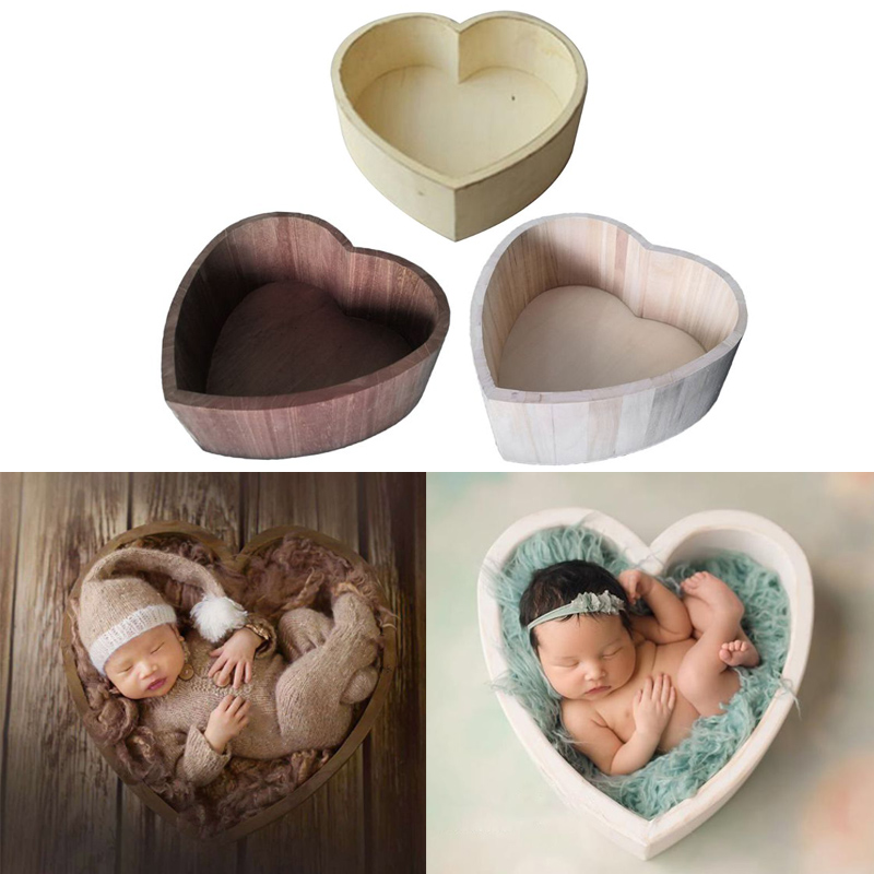 

Baby Photography Props Wooden Heart Shape Box Newborn Infants Photo Posing Shooting Prop Accessories, Beige