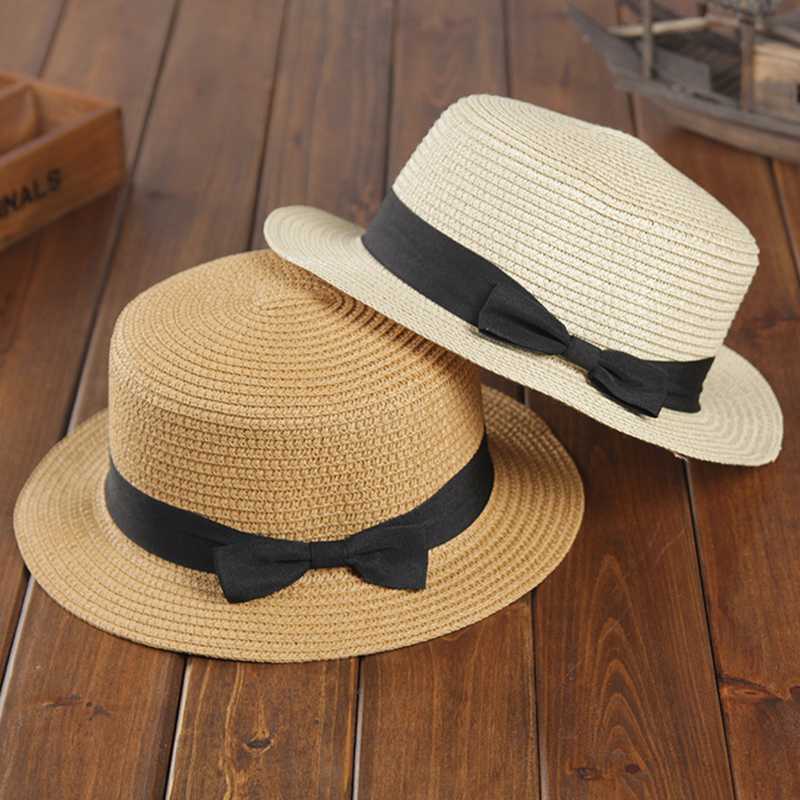 

Simple Summer Parent-child Beach Hat Female Casual Panama Hat Lady Brand Women Flat brim Bowknot Straw cap girls Sun, White