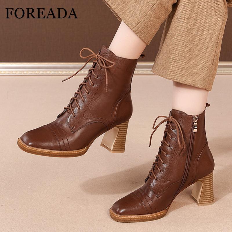 

FOREADA Square Toe High Heel Woman Boots Real Leather Ankle Boots Zip Block Heel Short Lace Up Female Shoes Brown Size 41, Black velvet lining