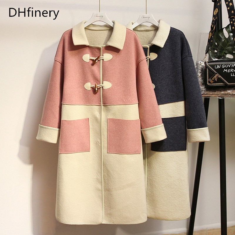 

DHfinery Women Stitching color Wool Coat for bust 117-141CM winter Horn buckle Long vintage woolen coat plus size -5XL H043, Blue