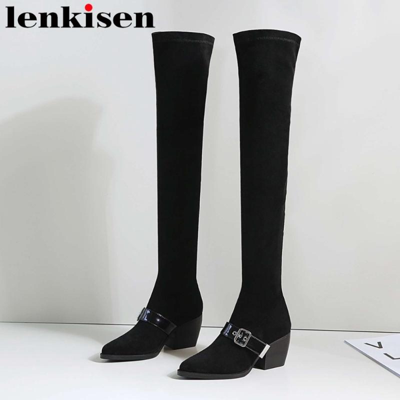 

High fashion black color round toe buckle sexy girls high heels luxury concise brand thigh stretch over-the-knee boots L58