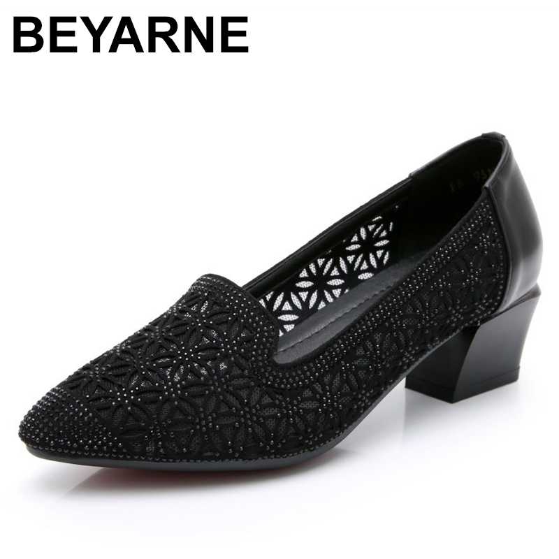

BEYARNE Women Pumps Shoes Net 2020 Rhineston Genuine Leather Mother Shoe Pointed Toe Woman Party Shoes Work Lady Mid Heel 35-43, Black