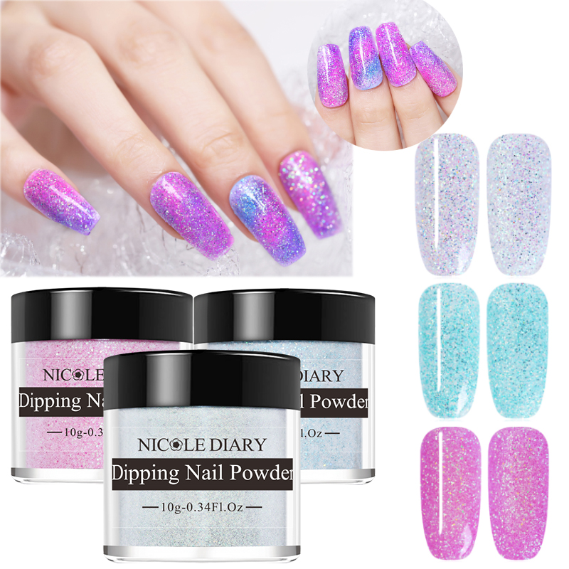 

NICOLE DIARY 1 Box Dipping Nail Glitter Powder No Need Lamp Cured Sliver Blue Color Nail Powder