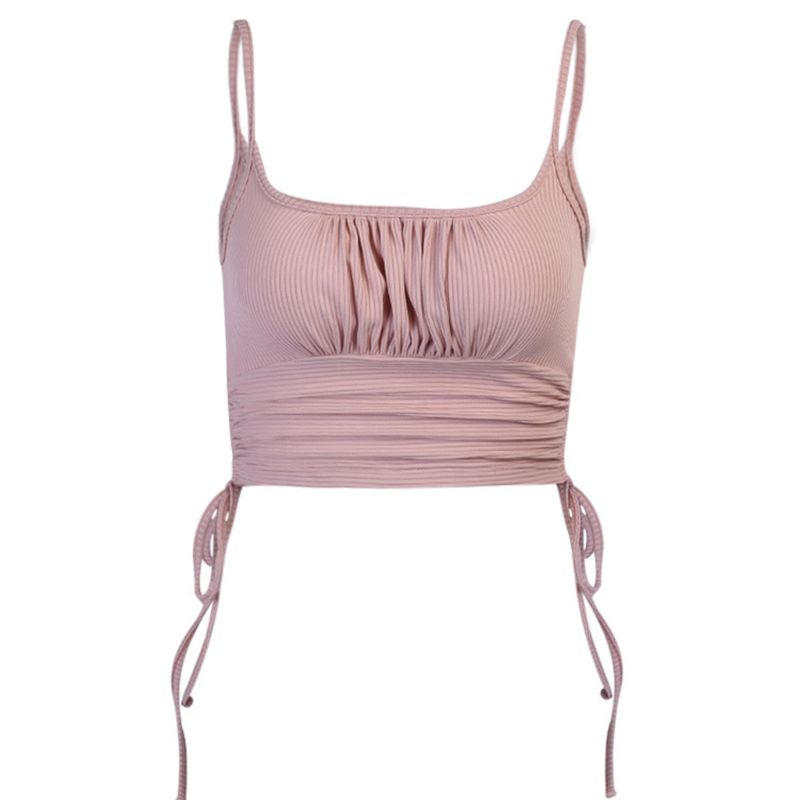 

Women Spaghetti Strap Pleated Crop Top Ruched Drawstring Ribbed Slim Camis Vest, Black