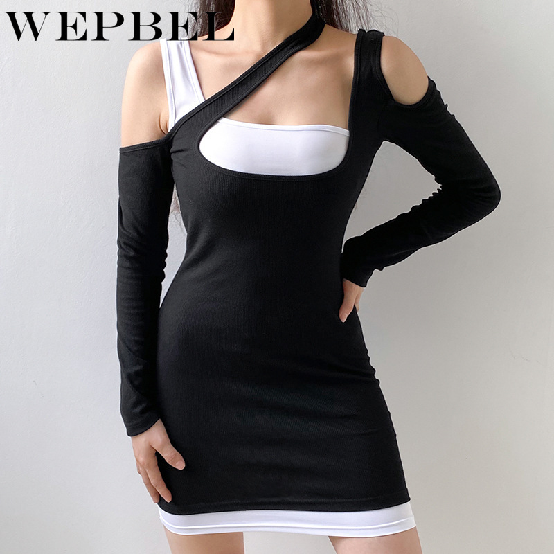 

WEPBEL Women Casual Autumn Long Sleeve Skinny Dress Casual Irregular Neck Hollow Out Fake Two Piece Slim Fit Mini Dress, Black