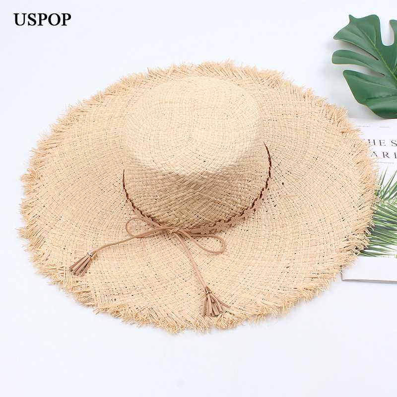 

USPOP 2020 Women sun hats flat top straw hats raffia sun tassel bow beach hat female casual summer, Khaki