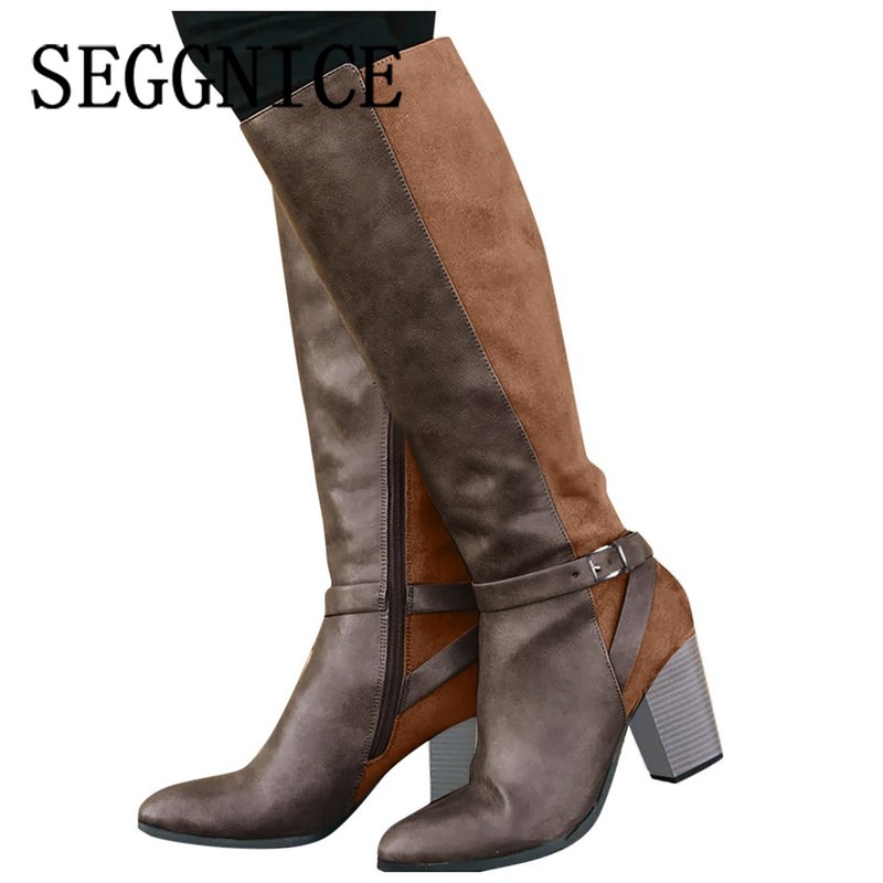

Casual Leather Knee High Boots Women's 2020 Fashion Shoes Sexy Female Pointed Toe High Heels Boots Winter Knight Plus Size, Brown