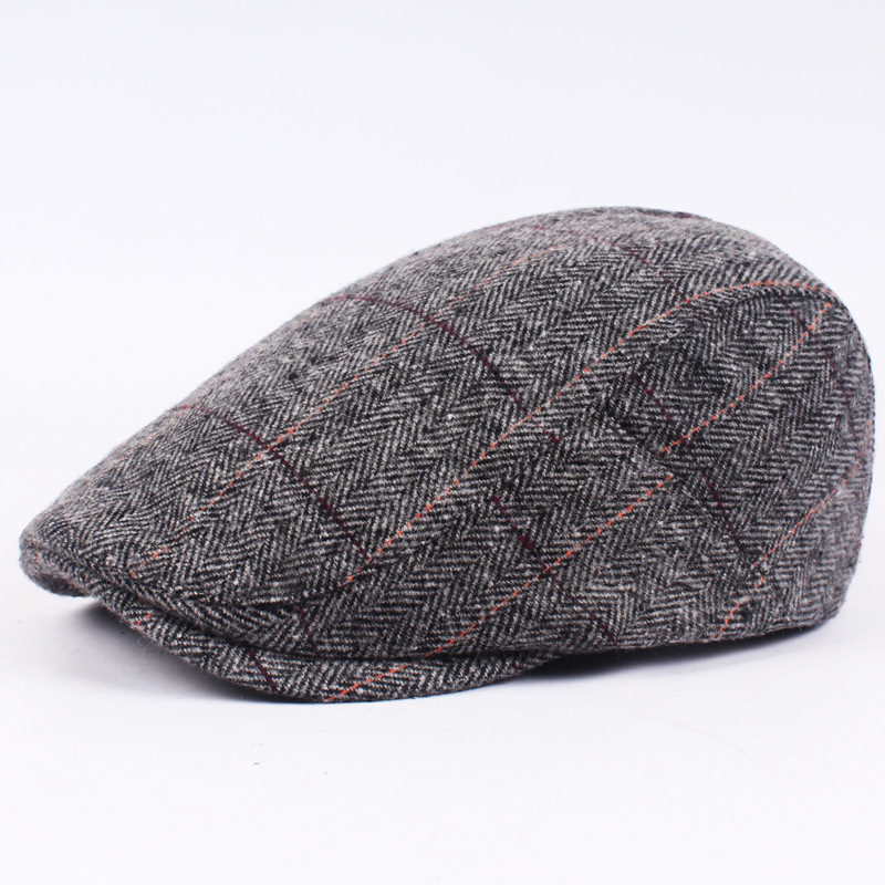 

New men's plaid avant-garde beret middle-aged autumn and winter cotton warm cap, Dark grey