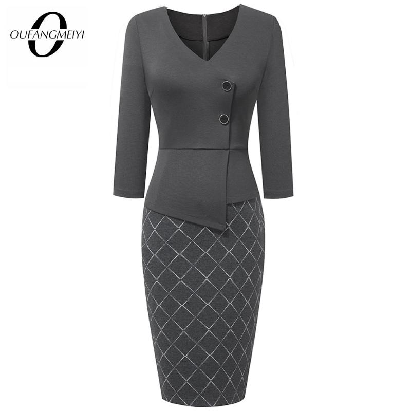 

Autumn Elegant V neck Grid Patchwork Bodycon Pencil dress Vintage Classic Office Lady dress EB564, Black