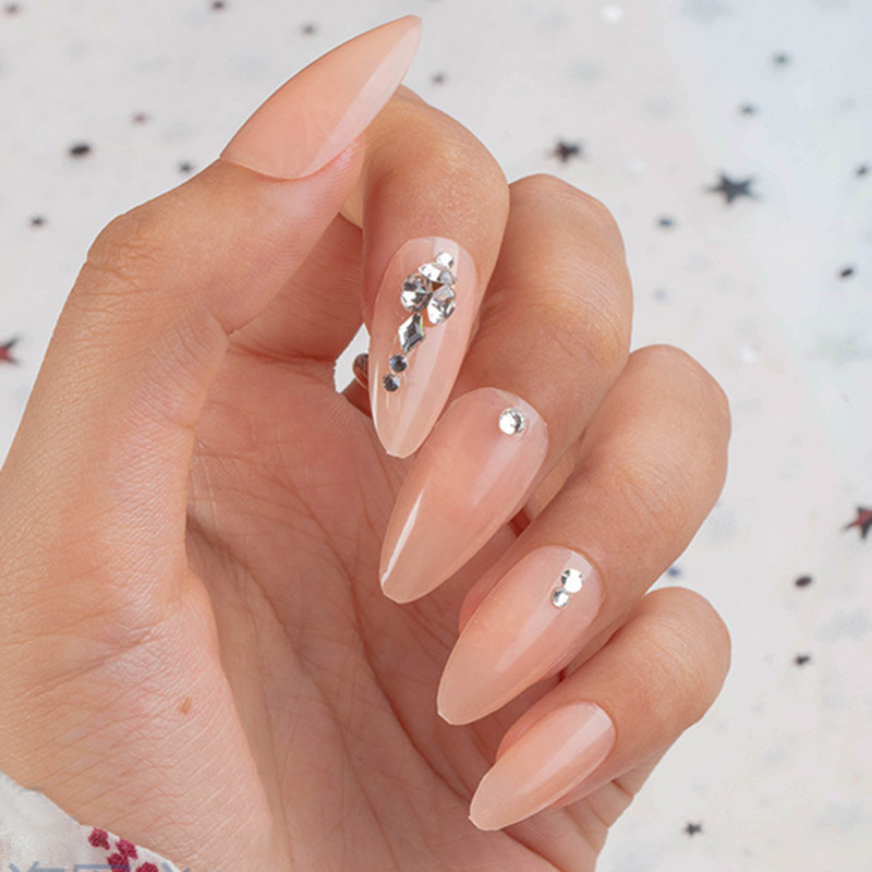 

24PCS Japanese Temperament Style New Water Drop Fake Nail Glittering Diamond Decor Long Length Detachable Fingernail TN, As show