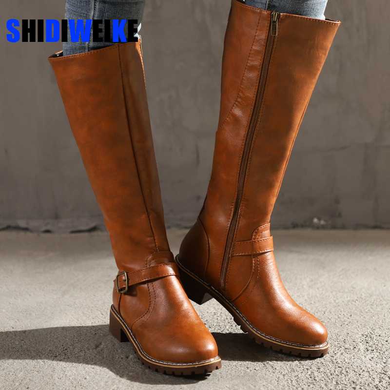

2020 PU Leather Women Long Boots Riding Casual Belt Buckle Zipper Autumn Winter Knee High Loose Boots Botas Mujer Footwear AC215, Yellow